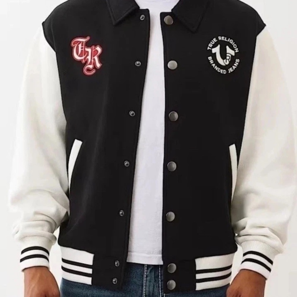 True Religion Collared Patch Fleece Varsity Jacket Men’s Size Small - $159.00
